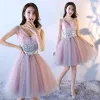 Sparkly Blushing Pink Sequins Cocktail Dresses 2017 A-Line / Princess V-Neck Sleeveless Short Ruffle Backless Formal Dresses