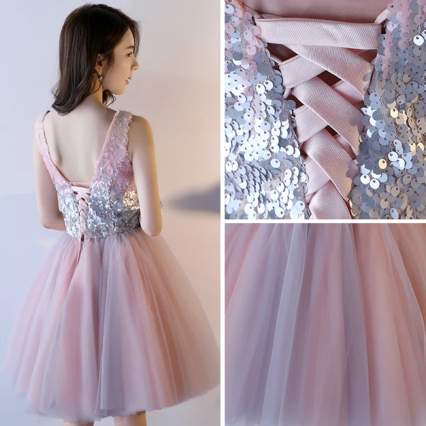 Scintillantes Rougissant Rose Paillettes Robe De Cocktail 2017 Princesse V-Cou Sans Manches Courte Volants Dos Nu Robe De Ceremonie
