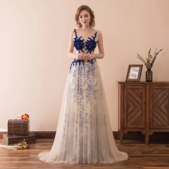 Sexy Champagne Royal Blue Pierced Prom Dresses 2018 A Line Princess Scoop Neck Sleeveless Covered Button Beading Sweep Train Ruffle Formal Dresses