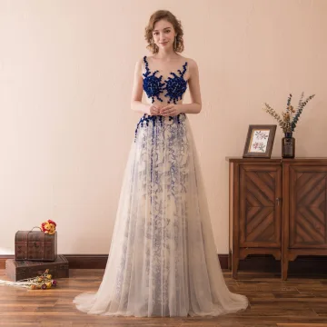 Sexy Champagne Bleu Roi Percé Robe De Bal 2018 Princesse Encolure Dégagée Sans Manches Bouton Recouvert Perlage Train De Balayage Volants Robe De Ceremonie