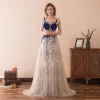 Sexy Champagne Royal Blue Pierced Prom Dresses 2018 A-Line / Princess Scoop Neck Sleeveless Covered Button Beading Sweep Train Ruffle Formal Dresses
