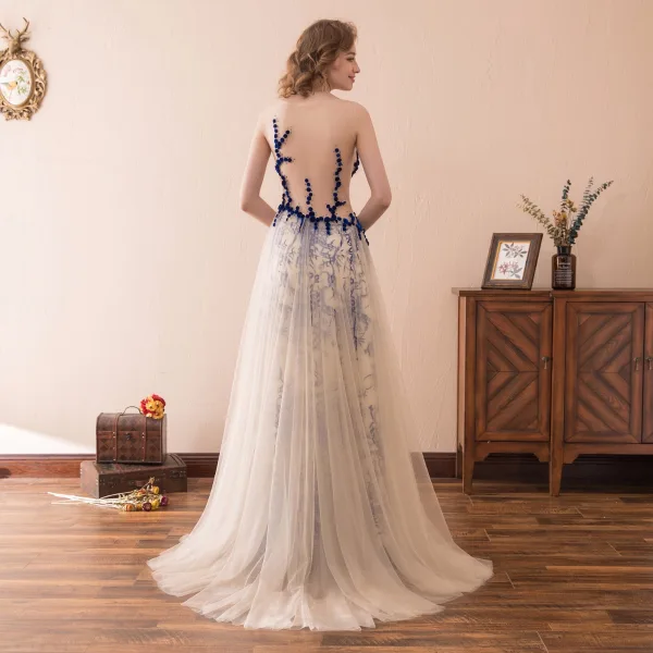 Sexy Champagne Royal Blue Pierced Prom Dresses 2018 A-Line / Princess Scoop Neck Sleeveless Covered Button Beading Sweep Train Ruffle Formal Dresses