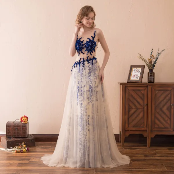 Sexy Champagne Royal Blue Pierced Prom Dresses 2018 A-Line / Princess Scoop Neck Sleeveless Covered Button Beading Sweep Train Ruffle Formal Dresses