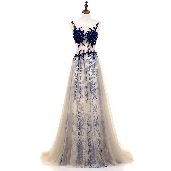 Sexy Champagne Royal Blue Pierced Prom Dresses 2018 A-Line / Princess Scoop Neck Sleeveless Covered Button Beading Sweep Train Ruffle Formal Dresses