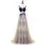 Sexy Champagne Royal Blue Pierced Prom Dresses 2018 A-Line / Princess Scoop Neck Sleeveless Covered Button Beading Sweep Train Ruffle Formal Dresses