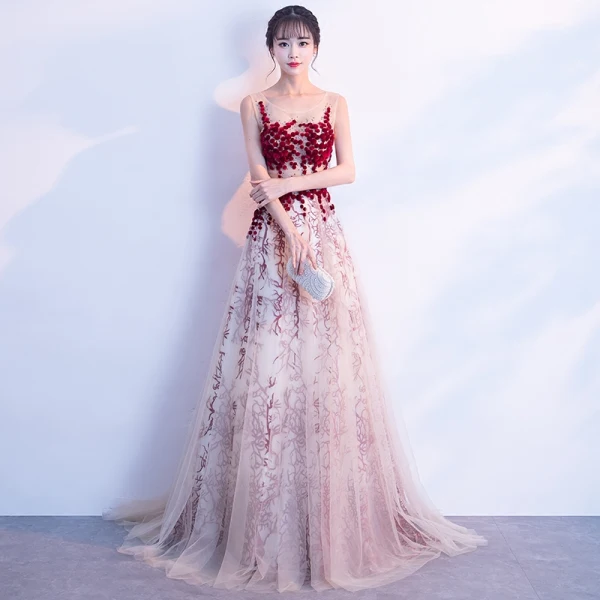 Sexy Champagne Royal Blue Pierced Prom Dresses 2018 A-Line / Princess Scoop Neck Sleeveless Covered Button Beading Sweep Train Ruffle Formal Dresses