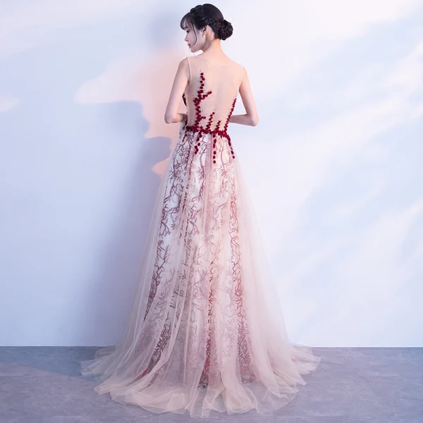 Sexy Champagne Royal Blue Pierced Prom Dresses 2018 A-Line / Princess Scoop Neck Sleeveless Covered Button Beading Sweep Train Ruffle Formal Dresses