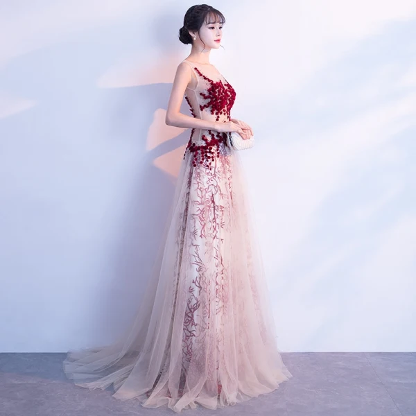 Sexy Champagne Royal Blue Pierced Prom Dresses 2018 A-Line / Princess Scoop Neck Sleeveless Covered Button Beading Sweep Train Ruffle Formal Dresses