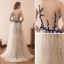 Sexy Champagne Royal Blue Pierced Prom Dresses 2018 A-Line / Princess Scoop Neck Sleeveless Covered Button Beading Sweep Train Ruffle Formal Dresses