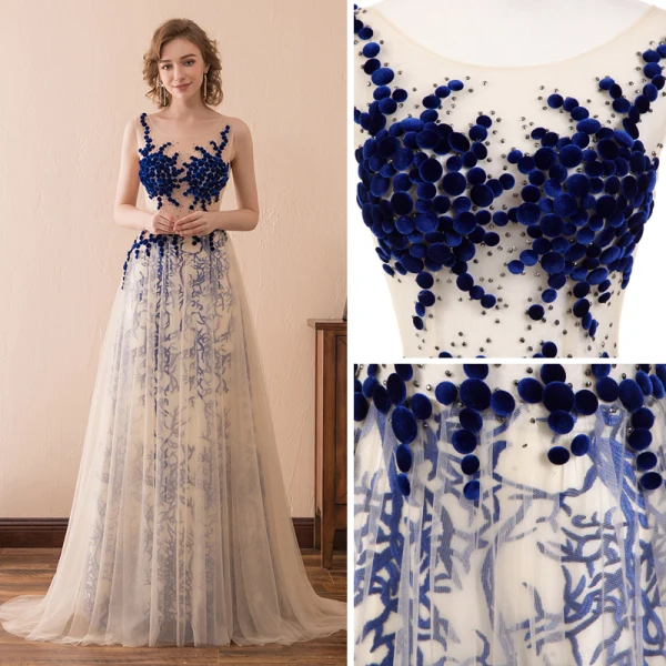 Sexy Champagne Royal Blue Pierced Prom Dresses 2018 A-Line / Princess Scoop Neck Sleeveless Covered Button Beading Sweep Train Ruffle Formal Dresses