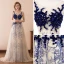 Sexy Champagne Royal Blue Pierced Prom Dresses 2018 A-Line / Princess Scoop Neck Sleeveless Covered Button Beading Sweep Train Ruffle Formal Dresses