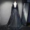 Eleganckie Granatowe Sukienki Na Bal 2017 Princessa V-Szyja Długie Rękawy Aplikacje Z Koronki Frezowanie Cekiny Trenem Sweep Wzburzyć Bez Pleców Sukienki Wizytowe