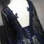 Elegante Marineblau Ballkleider 2017 A Linie V-Ausschnitt Lange Ärmel Applikationen Spitze Perlenstickerei Pailletten Sweep / Pinsel Zug Rüschen Rückenfreies Festliche Kleider
