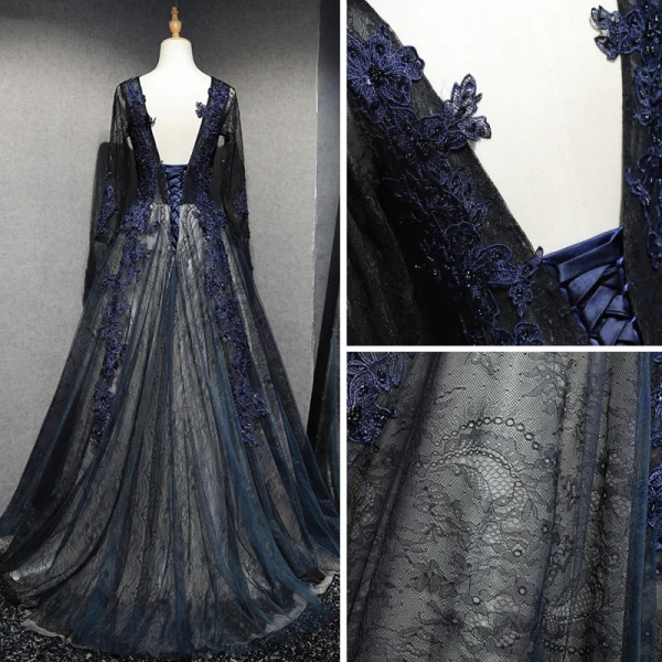 Elegante Marineblau Ballkleider 2017 A Linie V-Ausschnitt Lange Ärmel Applikationen Spitze Perlenstickerei Pailletten Sweep / Pinsel Zug Rüschen Rückenfreies Festliche Kleider