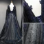 Elegante Marineblau Ballkleider 2017 A Linie V-Ausschnitt Lange Ärmel Applikationen Spitze Perlenstickerei Pailletten Sweep / Pinsel Zug Rüschen Rückenfreies Festliche Kleider