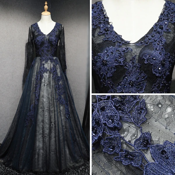 Elegante Marineblau Ballkleider 2017 A Linie V-Ausschnitt Lange Ärmel Applikationen Spitze Perlenstickerei Pailletten Sweep / Pinsel Zug Rüschen Rückenfreies Festliche Kleider