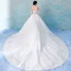 Stunning Illusion White See-through Wedding Dresses 2018 A-Line / Princess Scoop Neck 3/4 Sleeve Backless Beading Pearl Appliques Lace Ruffle Royal Train