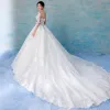 Stunning Illusion White See-through Wedding Dresses 2018 A-Line / Princess Scoop Neck 3/4 Sleeve Backless Beading Pearl Appliques Lace Ruffle Royal Train