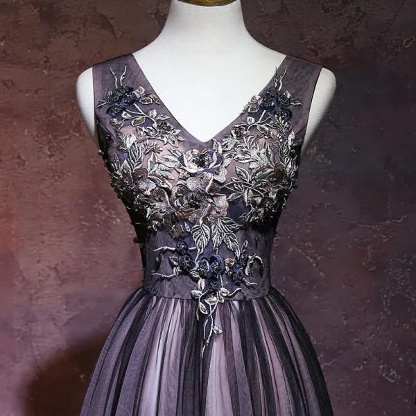 Elegant Black Evening Dresses 2018 A-Line / Princess V-Neck Sleeveless Appliques Lace Beading Floor-Length / Long Ruffle Backless Formal Dresses