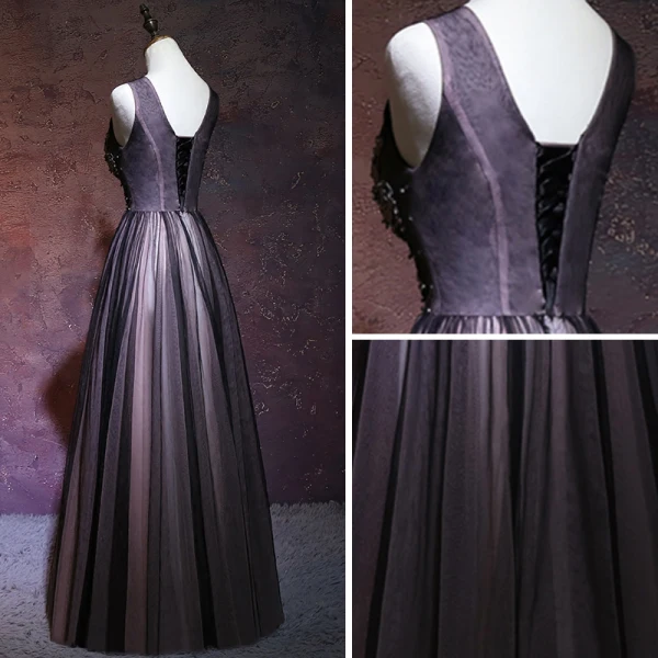 Elegant Black Evening Dresses 2018 A-Line / Princess V-Neck Sleeveless Appliques Lace Beading Floor-Length / Long Ruffle Backless Formal Dresses