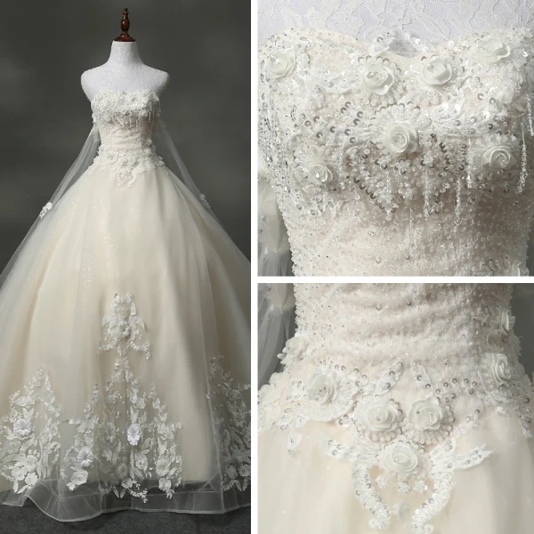 Fine Kirke Brudekjoler 2017 Paljetter Beading Blonder Appliques Blomst Ryggløse Uten Ermer Kjæreste Cathedral Train Champagne Ballkjole