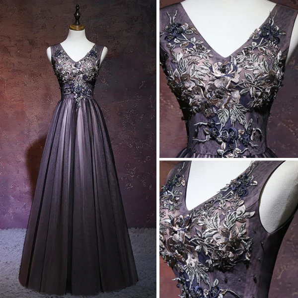 Elegant Black Evening Dresses 2018 A-Line / Princess V-Neck Sleeveless Appliques Lace Beading Floor-Length / Long Ruffle Backless Formal Dresses