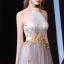 Elegant Grey Evening Dresses  2018 A-Line / Princess Halter Sleeveless Appliques Lace Floor-Length / Long Ruffle Backless Formal Dresses