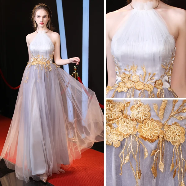 Elegant Grey Evening Dresses  2018 A-Line / Princess Halter Sleeveless Appliques Lace Floor-Length / Long Ruffle Backless Formal Dresses
