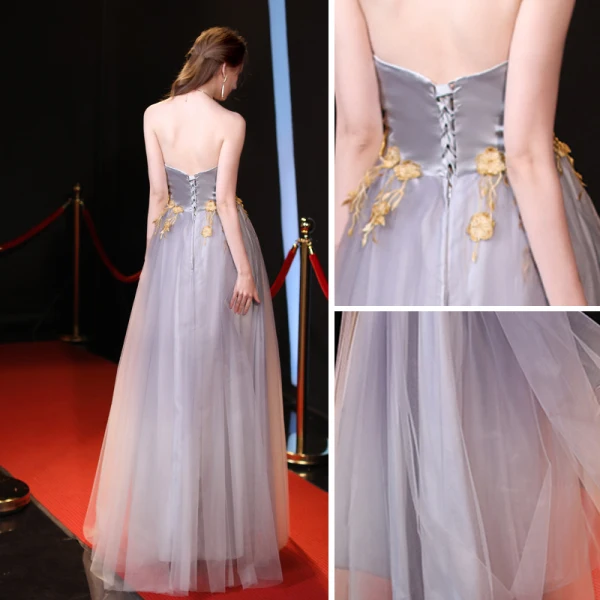 Elegant Grey Evening Dresses  2018 A-Line / Princess Halter Sleeveless Appliques Lace Floor-Length / Long Ruffle Backless Formal Dresses