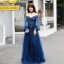 Elegant Navy Blue Evening Dresses  2017 A-Line / Princess Off-The-Shoulder Long Sleeve Appliques Lace Beading Floor-Length / Long Ruffle Backless Formal Dresses