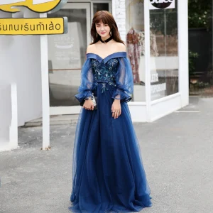 Elegant Navy Blue Evening Dresses 2017 A Line Princess Off The Shoulder Long Sleeve Appliques Lace Beading Floor Length Long Ruffle Backless Formal Dresses