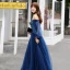 Elegant Navy Blue Evening Dresses  2017 A-Line / Princess Off-The-Shoulder Long Sleeve Appliques Lace Beading Floor-Length / Long Ruffle Backless Formal Dresses