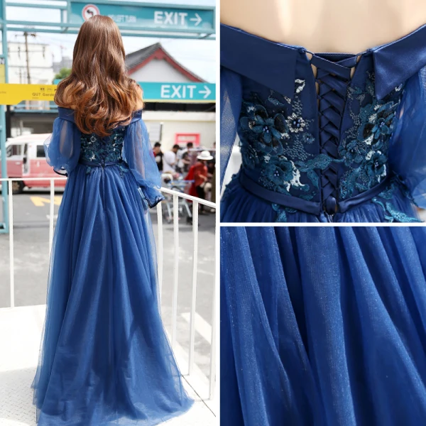Elegant Navy Blue Evening Dresses 2017 A-Line / Princess Off-The-Shoulder Long Sleeve Appliques Lace Beading Floor-Length / Long Ruffle Backless Formal Dresses