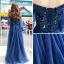 Elegant Navy Blue Evening Dresses  2017 A-Line / Princess Off-The-Shoulder Long Sleeve Appliques Lace Beading Floor-Length / Long Ruffle Backless Formal Dresses