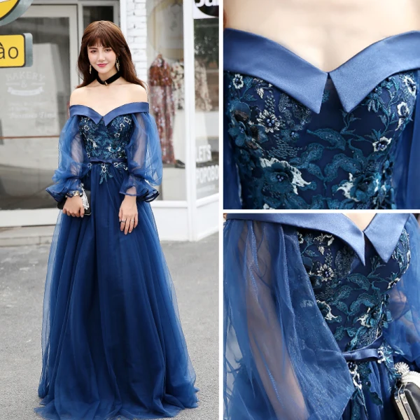 Elegant Navy Blue Evening Dresses 2017 A-Line / Princess Off-The-Shoulder Long Sleeve Appliques Lace Beading Floor-Length / Long Ruffle Backless Formal Dresses
