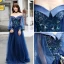 Elegant Navy Blue Evening Dresses  2017 A-Line / Princess Off-The-Shoulder Long Sleeve Appliques Lace Beading Floor-Length / Long Ruffle Backless Formal Dresses