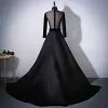 Elegant Black Pierced Evening Dresses  2017 A-Line / Princess High Neck Long Sleeve Sash Chapel Train Formal Dresses