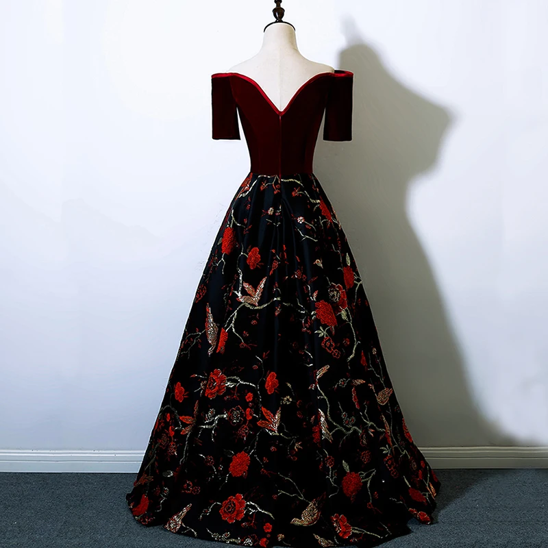 Modern Fashion Burgundy Prom Dresses 2017 A Line Princess Off The Shoulder  Short Sleeve Embroidered Floor Length Long Ruffle Formal Dresses