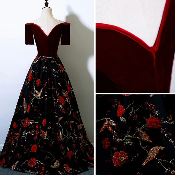 Moderne / Mode Bordeaux Robe De Bal 2017 Princesse De l'épaule Manches Courtes Brodé Longue Volants Robe De Ceremonie