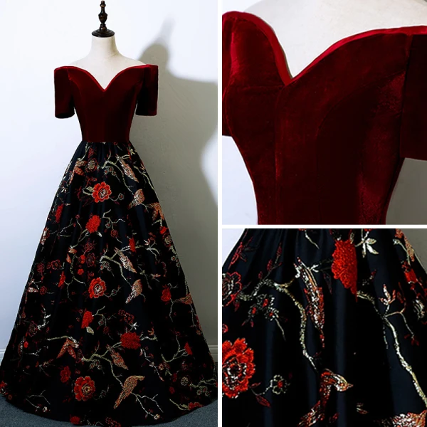 Moderne / Mode Bordeaux Robe De Bal 2017 Princesse De l'épaule Manches Courtes Brodé Longue Volants Robe De Ceremonie