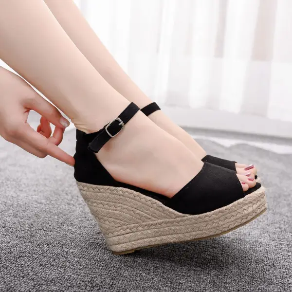 Schöne Orange Strassenmode Strand Flechten Sandalen Damen 2025 Knöchelriemen 10 cm Keilabsatz Peeptoes Sandaletten