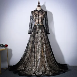 Vintage Black Champagne Evening Dresses 2017 A Line Princess Scoop Neck Long Sleeve Appliques Lace Rhinestone Sash Cathedral Train Ruffle Formal Dresses