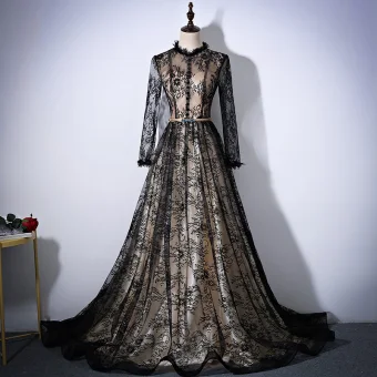 Vintage Zwarte Champagne Avondjurken 2017 A Lijn Ronde Hals Lange Mouwen Appliques Kant Rhinestone Gordel Cathedral Train Ruche Gelegenheid Jurken