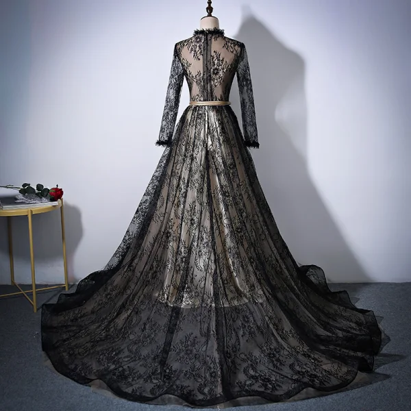 Vintage Black Champagne Evening Dresses 2017 A-Line / Princess Scoop Neck Long Sleeve Appliques Lace Rhinestone Sash Cathedral Train Ruffle Formal Dresses