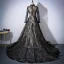 Vintage Black Champagne Evening Dresses  2017 A-Line / Princess Scoop Neck Long Sleeve Appliques Lace Rhinestone Sash Cathedral Train Ruffle Formal Dresses