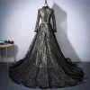 Vintage Black Champagne Evening Dresses  2017 A-Line / Princess Scoop Neck Long Sleeve Appliques Lace Rhinestone Sash Cathedral Train Ruffle Formal Dresses