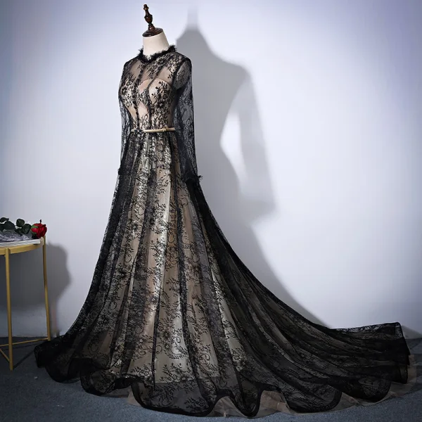 Vintage Black Champagne Evening Dresses 2017 A-Line / Princess Scoop Neck Long Sleeve Appliques Lace Rhinestone Sash Cathedral Train Ruffle Formal Dresses