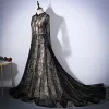 Vintage Black Champagne Evening Dresses  2017 A-Line / Princess Scoop Neck Long Sleeve Appliques Lace Rhinestone Sash Cathedral Train Ruffle Formal Dresses