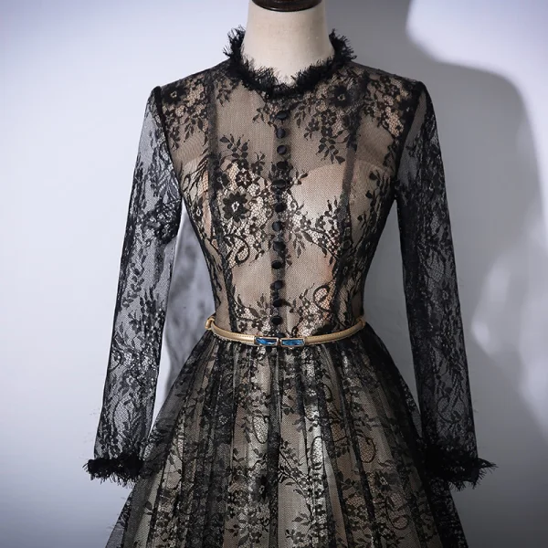 Vintage Black Champagne Evening Dresses 2017 A-Line / Princess Scoop Neck Long Sleeve Appliques Lace Rhinestone Sash Cathedral Train Ruffle Formal Dresses