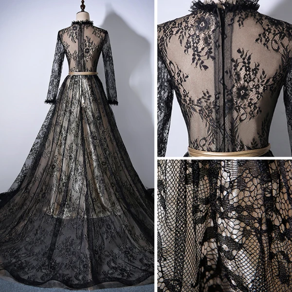 Vintage Black Champagne Evening Dresses 2017 A-Line / Princess Scoop Neck Long Sleeve Appliques Lace Rhinestone Sash Cathedral Train Ruffle Formal Dresses